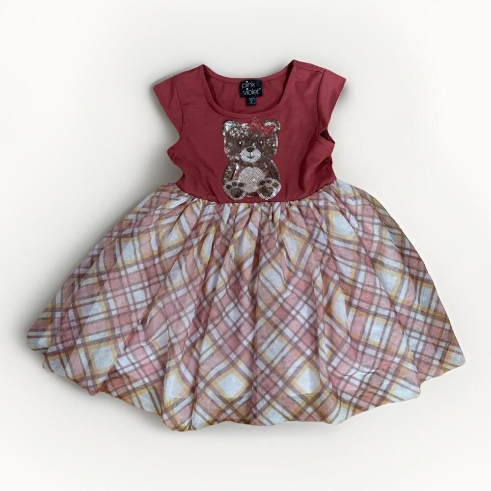 Pink & Violet Girl’s Size 4 Dress Bear Sequin Plaid Tulle Skirt Party Outfit